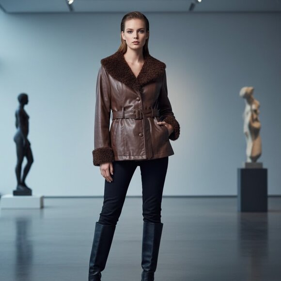 F21 Dark Chocolate Brown Faux Leather Fur Trimmed Belted Retro 90's 70s Jacket L - Picture 1 of 9